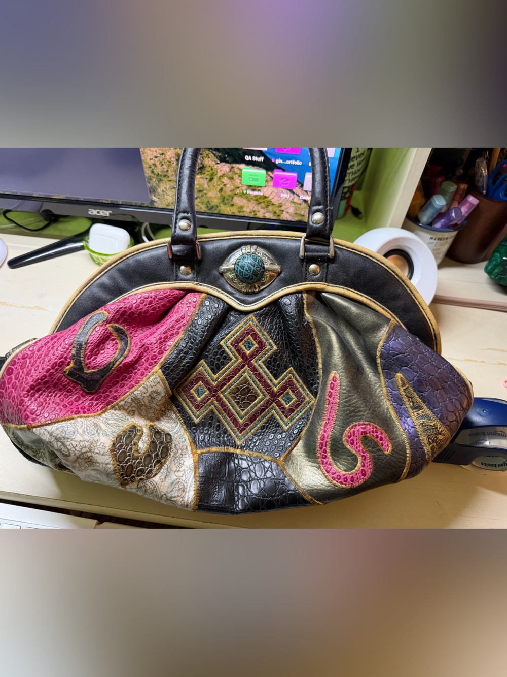 Nas Bag Patchwork Multicolor Faux Leather Shoulder Bag with Embroidered Accents